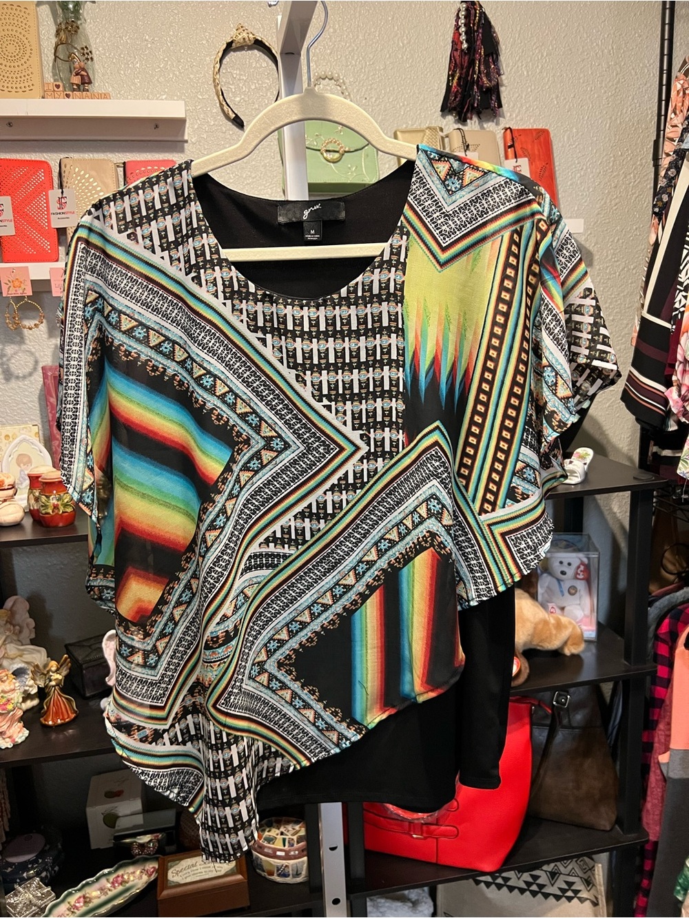 GNW Black Multi-Color Geometric Sheer Overlay.